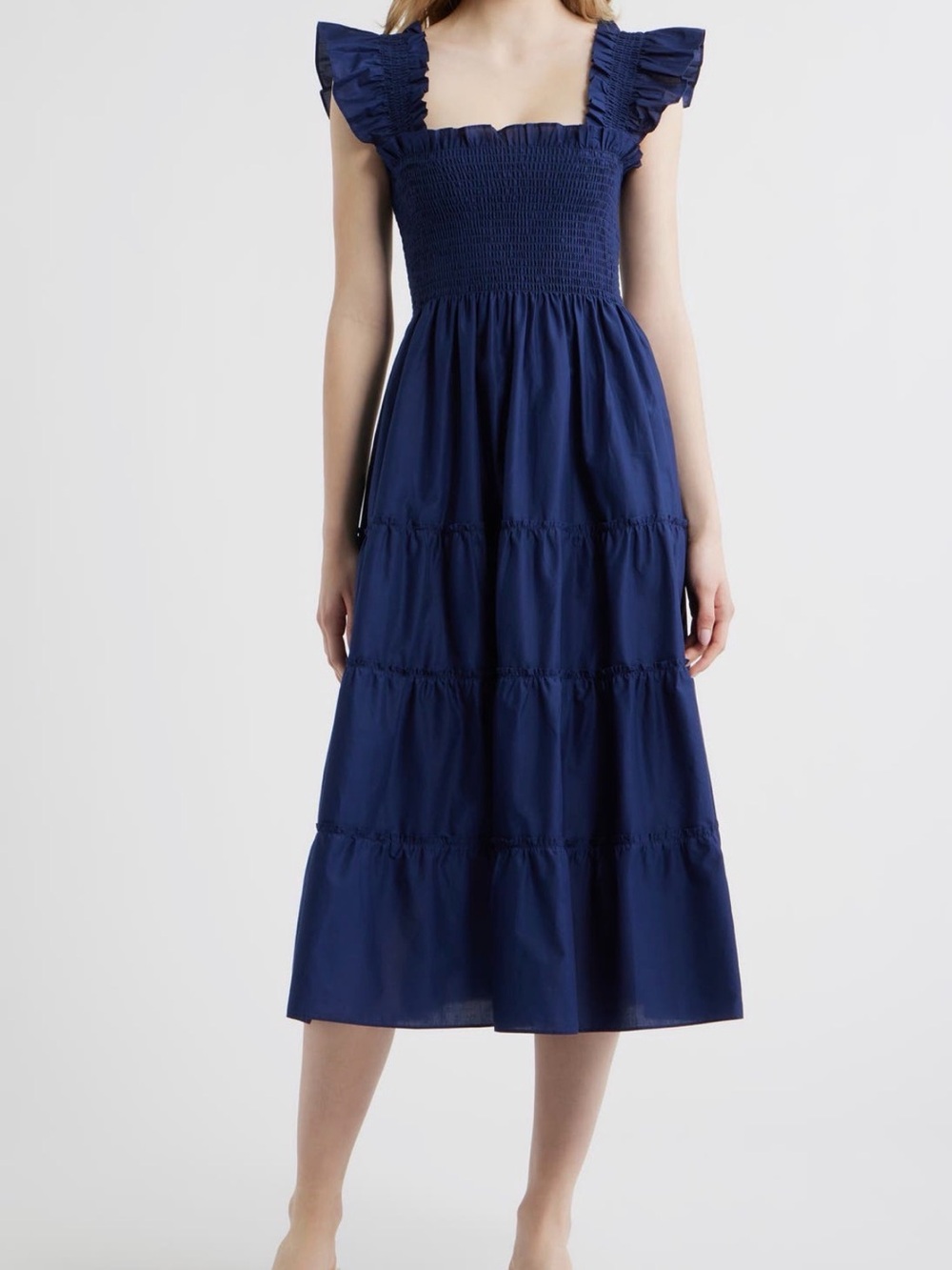 Hill House The Ellie Nap Dress Navy Smocked Midi Dress with Ruffle Straps XXS